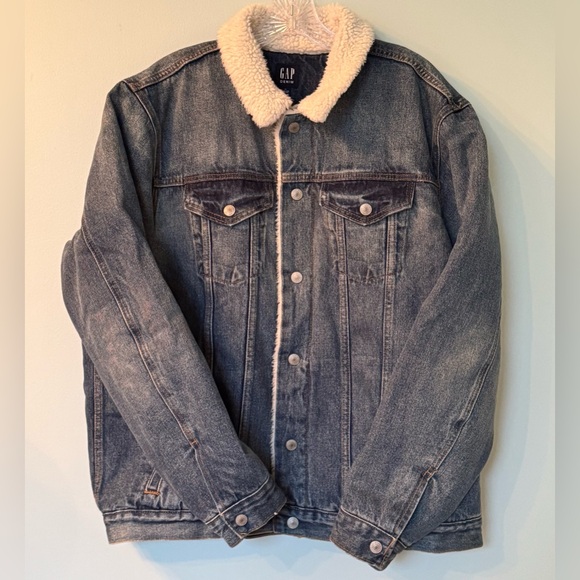 The GAP DENIM Medium Wash RARE Jean Shearling Sherpa Lined Trucker JACKET Sz XL - Picture 3 of 10